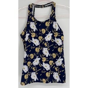 Maxmoda Womens Floral Tankini Swim Top Navy Blue Yellow High Neck Sz M